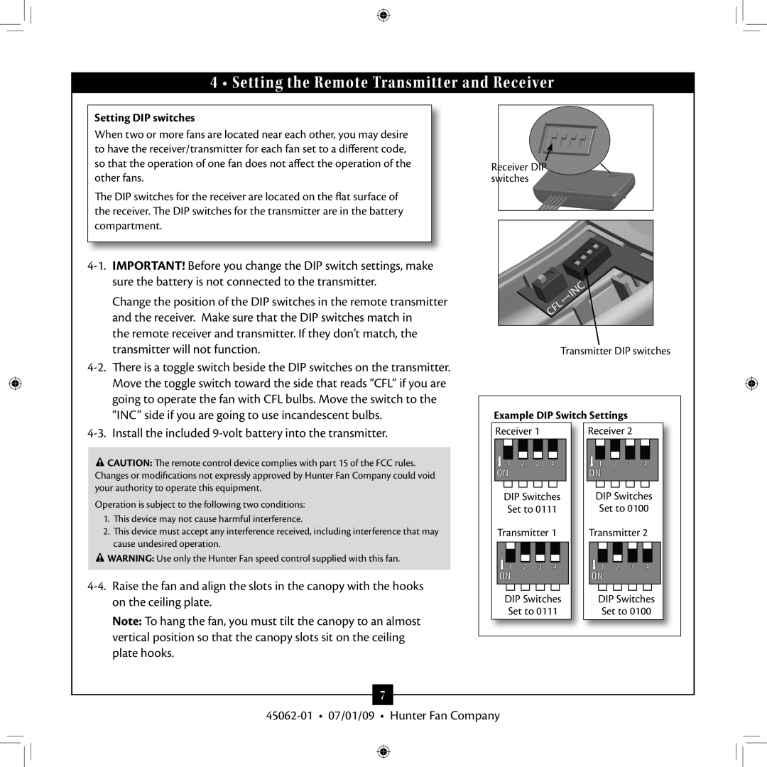 Hunter Fan 45062-01 installation manual 4 • Setting the Remote Transmitter and Receiver 