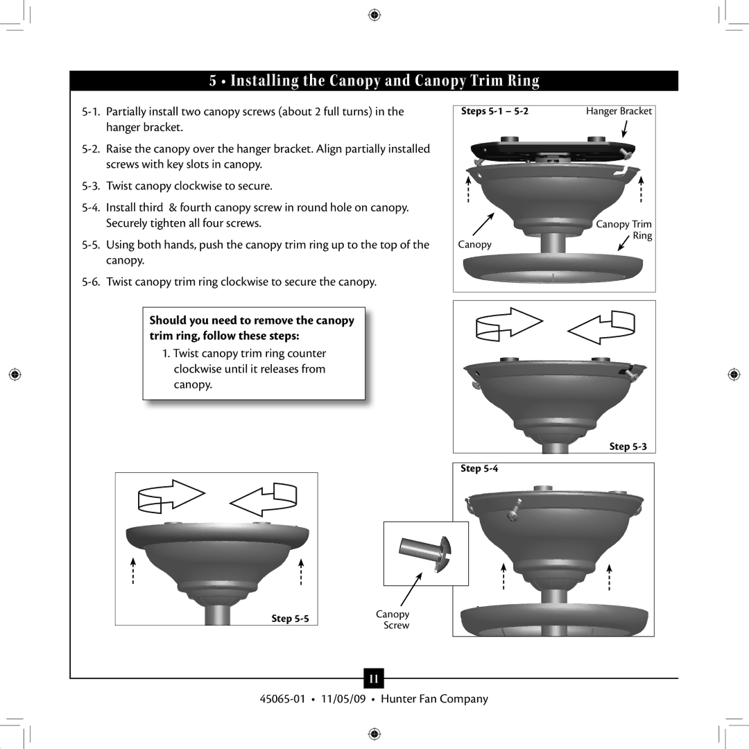 Hunter Fan 45065-01 installation manual Installing the Canopy and Canopy Trim Ring 