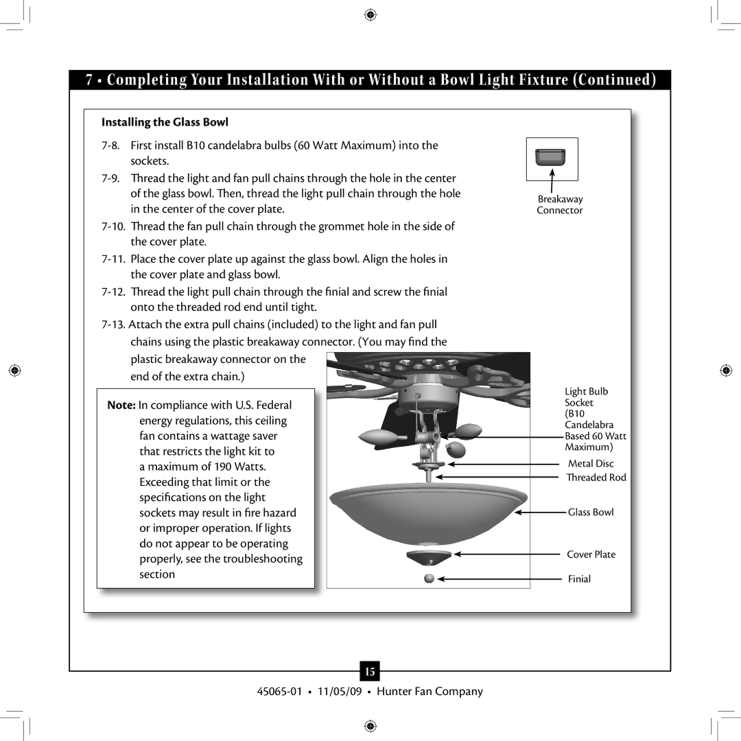 Hunter Fan 45065-01 installation manual Installing the Glass Bowl 