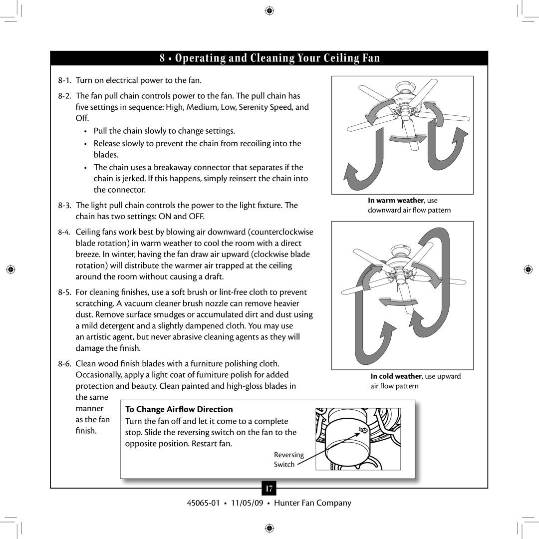 Hunter Fan 45065-01 installation manual Operating and Cleaning Your Ceiling Fan, To Change Airflow Direction 