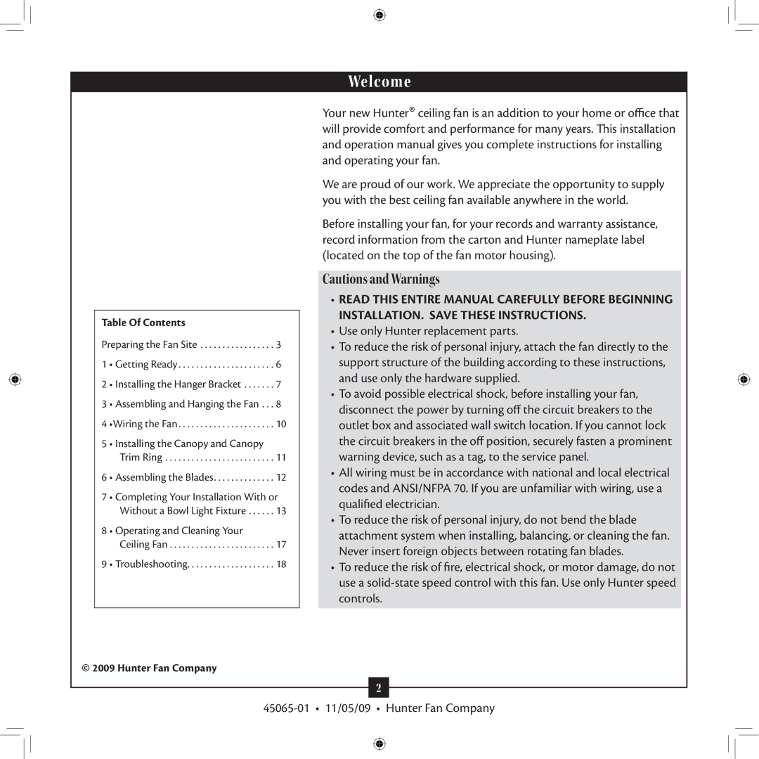 Hunter Fan 45065-01 installation manual Welcome 