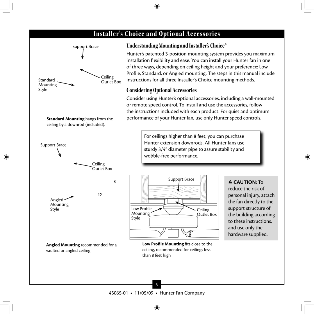 Hunter Fan 45065-01 installation manual Understanding Mounting and Installer’s Choice, Considering Optional Accessories 