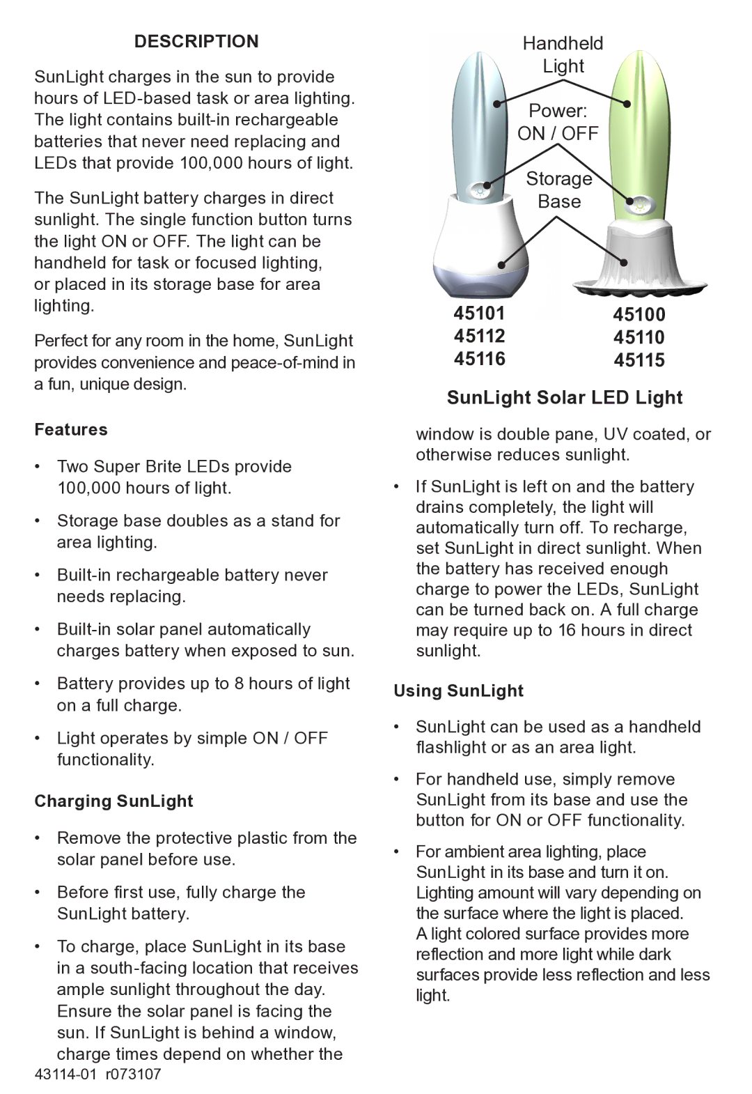 Hunter Fan Description, 45101 45112 45116 45115 SunLight Solar LED Light, Features, Charging SunLight, Using SunLight 