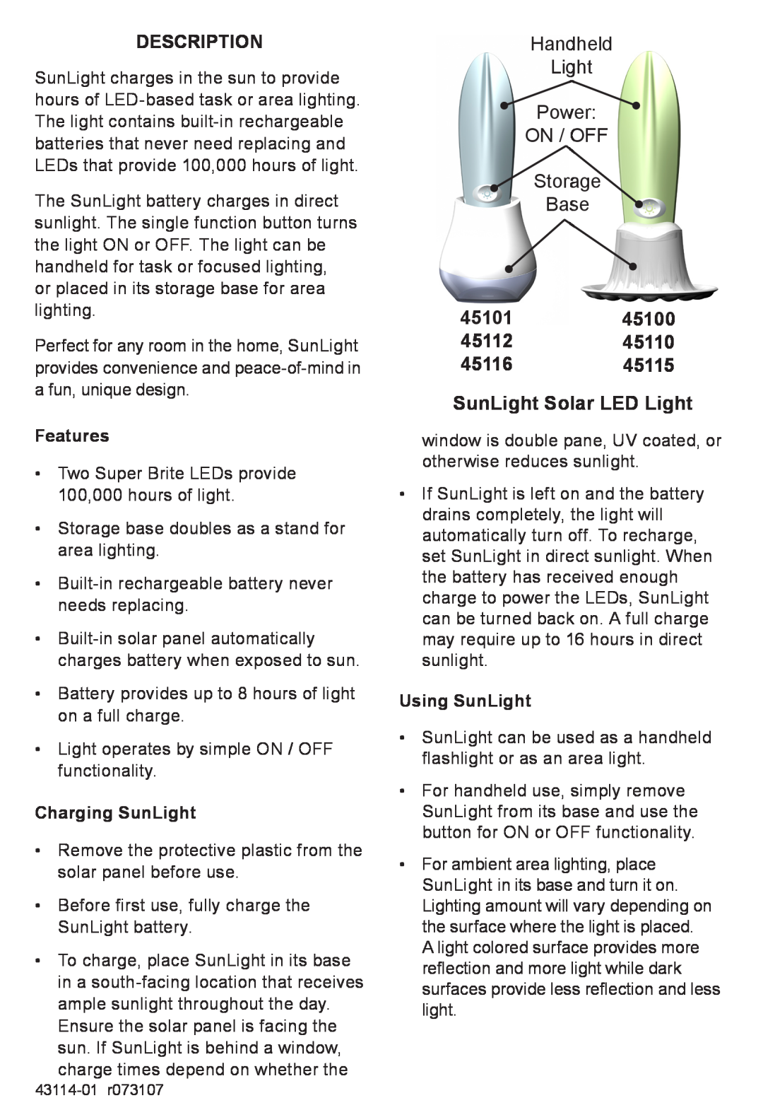 Hunter Fan Handheld Light Power ON / OFF Storage Base, Description, 45101 45112 45116 45115 SunLight Solar LED Light 
