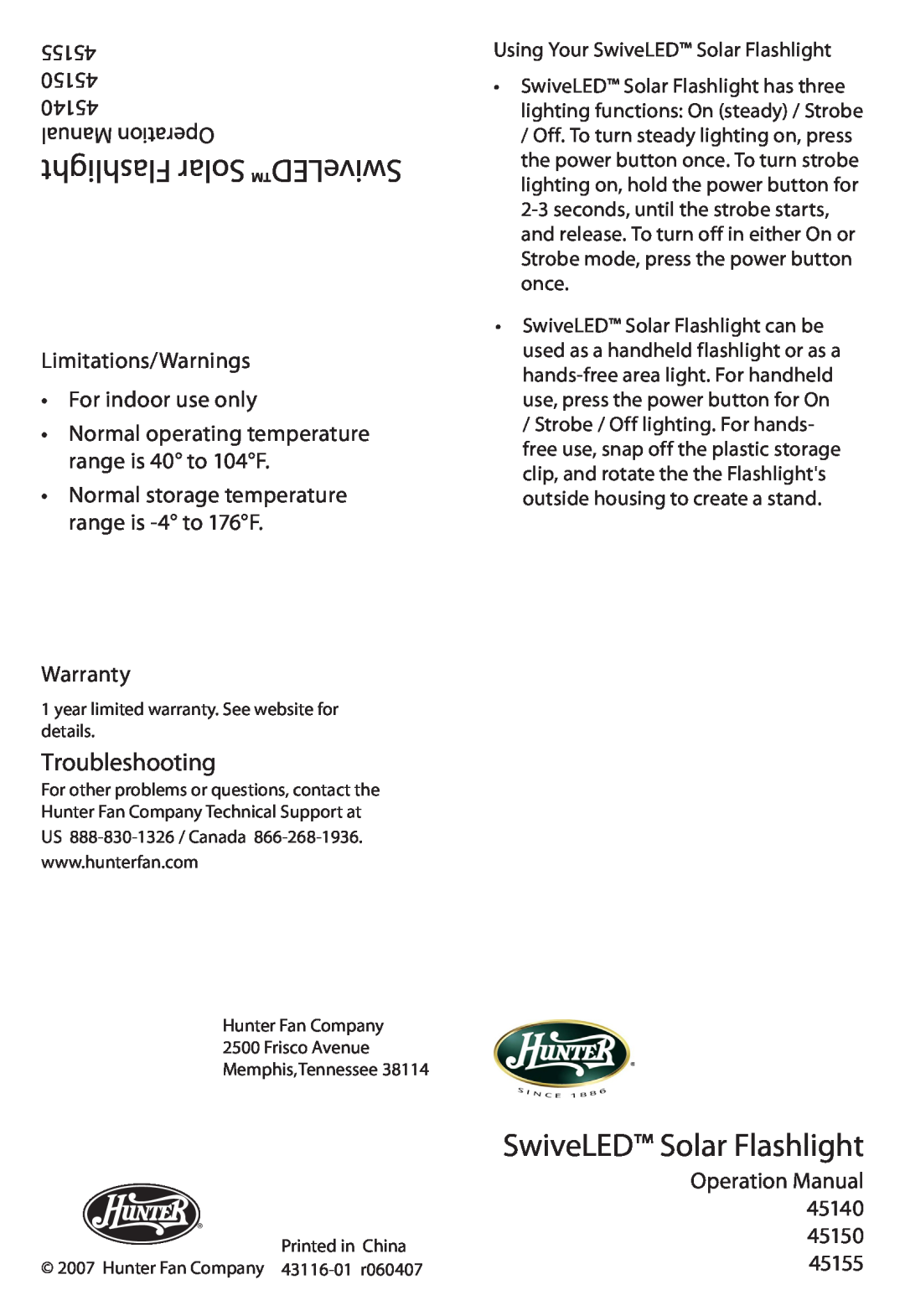 Hunter Fan warranty 45155 45150 45140 Manual Operation, Limitations/Warnings For indoor use only, Warranty 