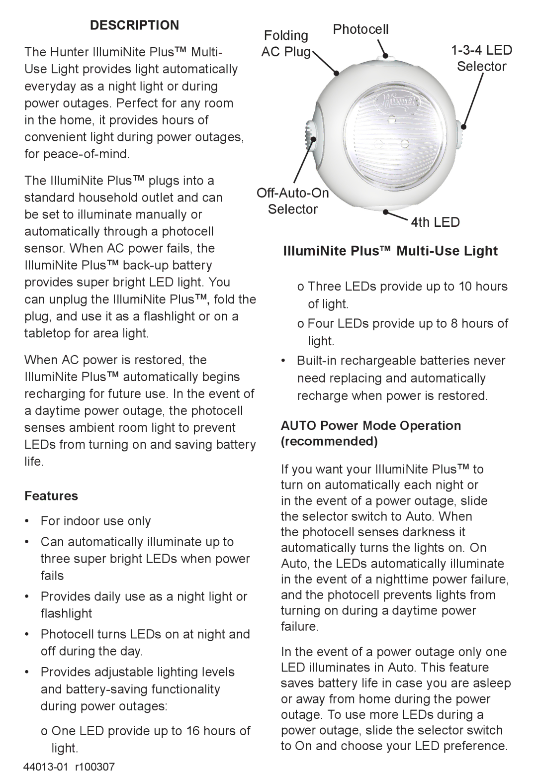 Hunter Fan 45190, 45195, 45180 warranty Description, Folding Photocell 4 LED AC Plug Selector, Off-Auto-On Selector 4th LED 