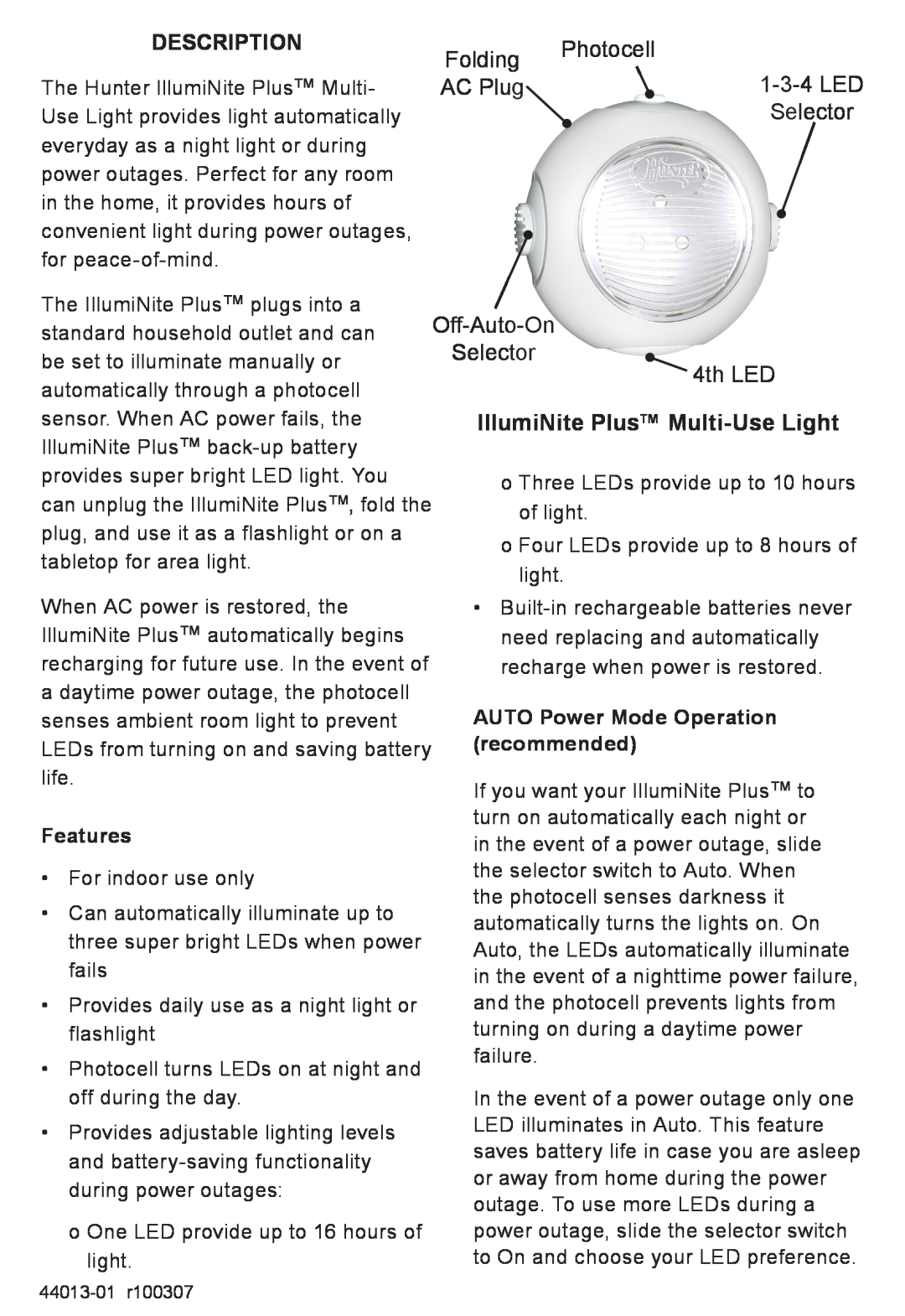 Hunter Fan 45190 Description, IllumiNite Plus Multi-UseLight, Folding, Photocell, 1-3-4LED, AC Plug, Selector, Features 