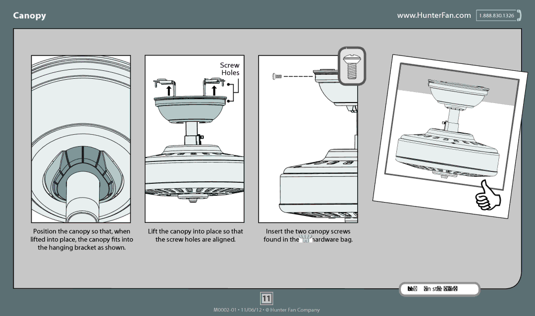 Hunter Fan 53069, 51011, 51010, 53070, 53065, 53064, 53066 operation manual Canopy, Holes 