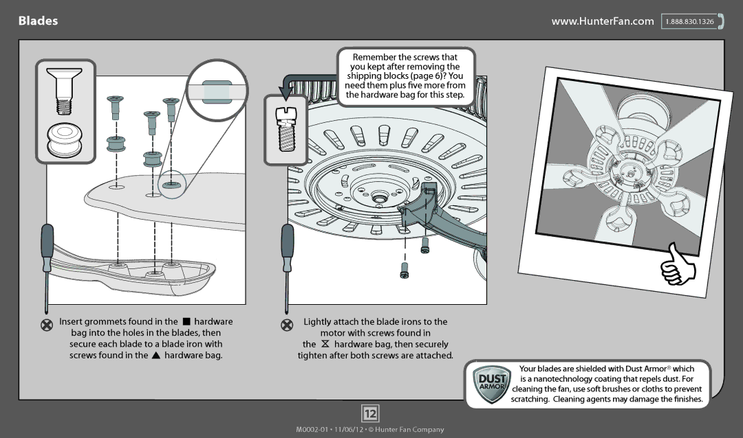 Hunter Fan 53064, 51011, 51010, 53070, 53065, 53069, 53066 operation manual Blades, You kept after removing 