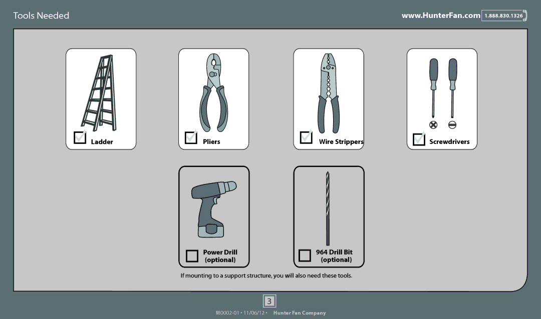 Hunter Fan 53065, 51011, 51010, 53070, 53069, 53064, 53066 operation manual Tools Needed 