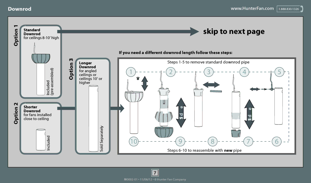 Hunter Fan 51011, 51010, 53070, 53065, 53069, 53064, 53066 operation manual Standard Downrod, Longer, Shorter 