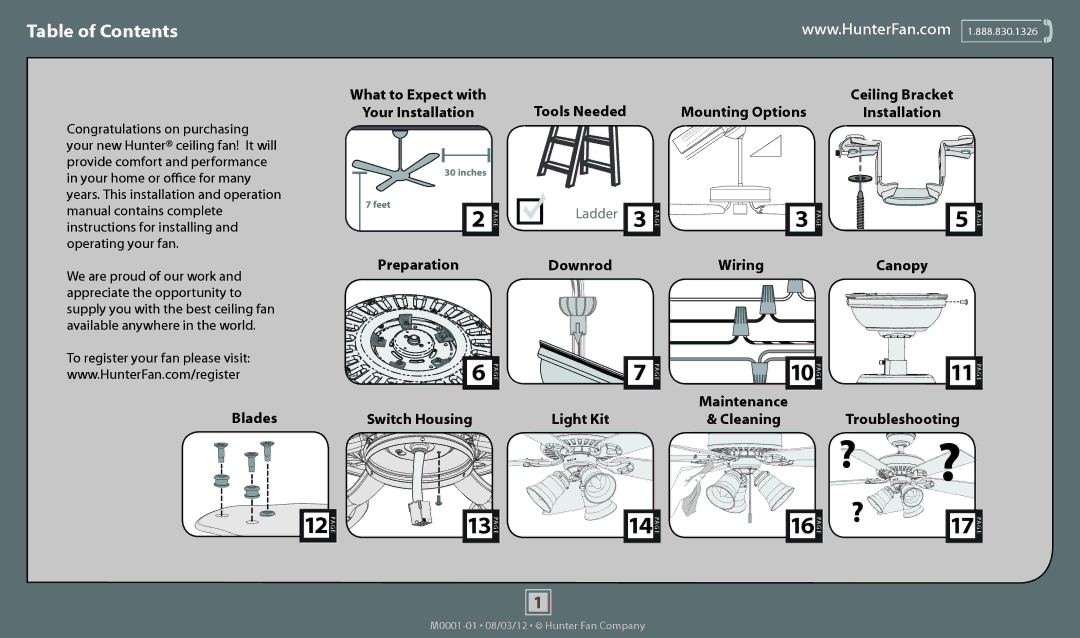 Hunter Fan 51061, 51062, 51023, 51014, 51015, 51060, 51022, 51059, 51024, 53107, 53108, 53109 operation manual Table of Contents 