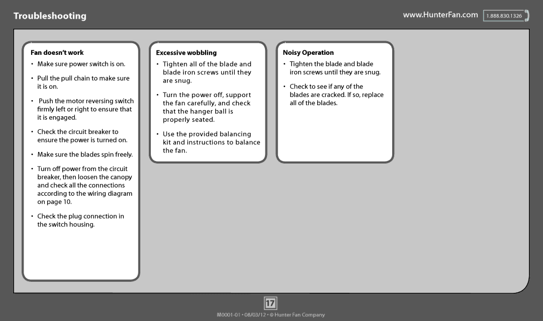 Hunter Fan 51014, 51062, 51061, 51023, 51015, 51060 Troubleshooting, Fan doesn’t work, Excessive wobbling, Noisy Operation 