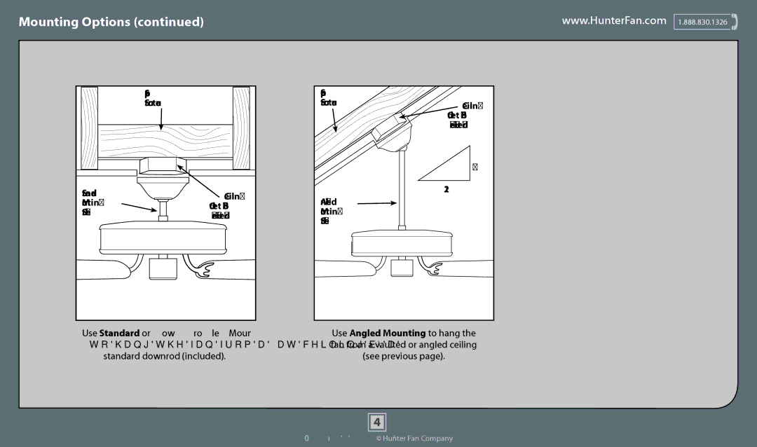 Hunter Fan 51015, 51062, 51061, 51023 Mounting Options, Use Standard or Low-Profile Mounting, Use Angled Mounting to hang 