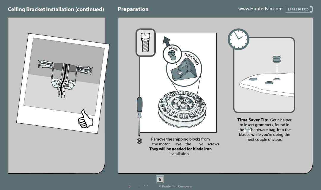 Hunter Fan 51022, 51062, 51061, 51023, 51014, 51015 Ceiling Bracket Installation Preparation, Remove the shipping blocks from 