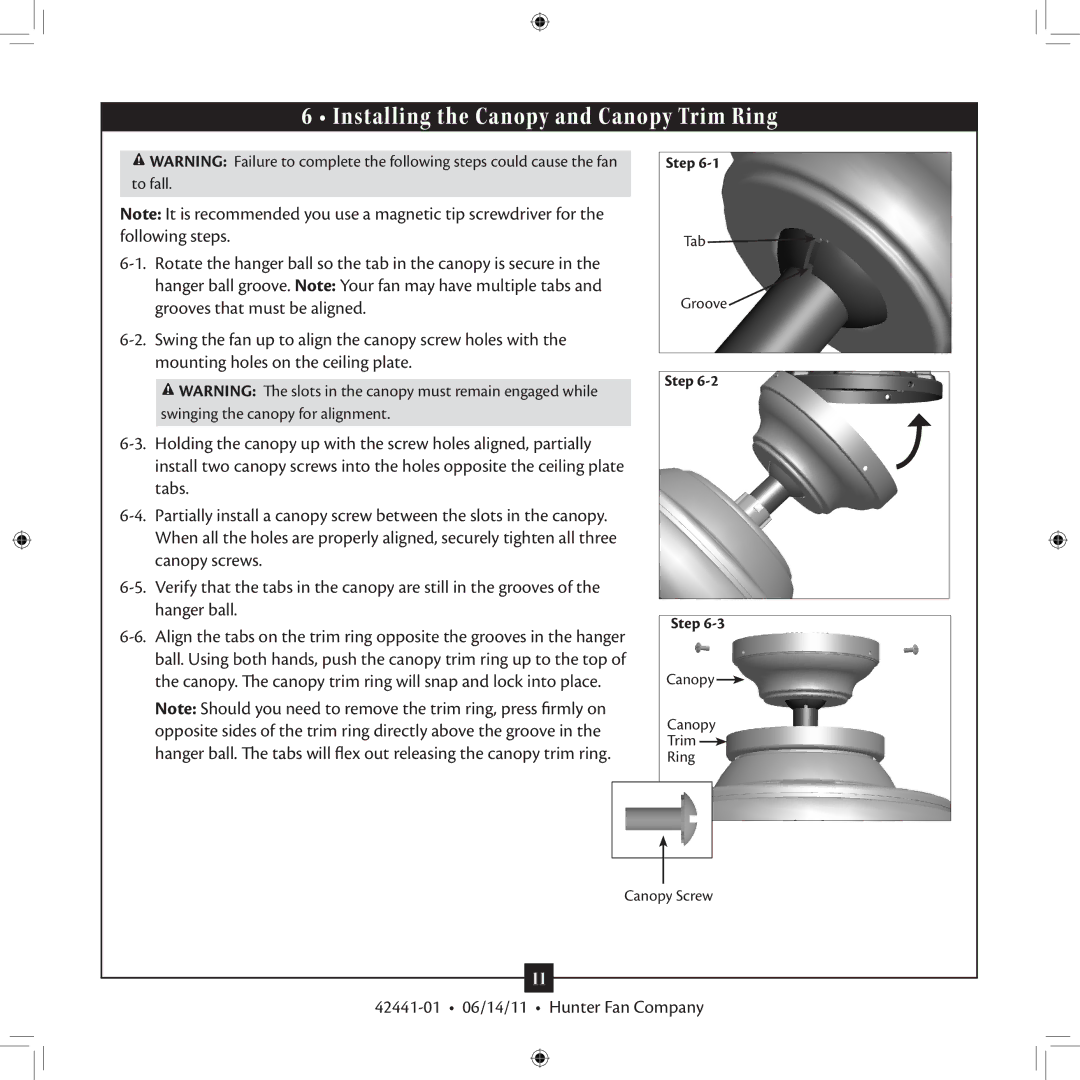 Hunter Fan 52023, 52022, 27186, 53105, 53062 installation manual Installing the Canopy and Canopy Trim Ring 