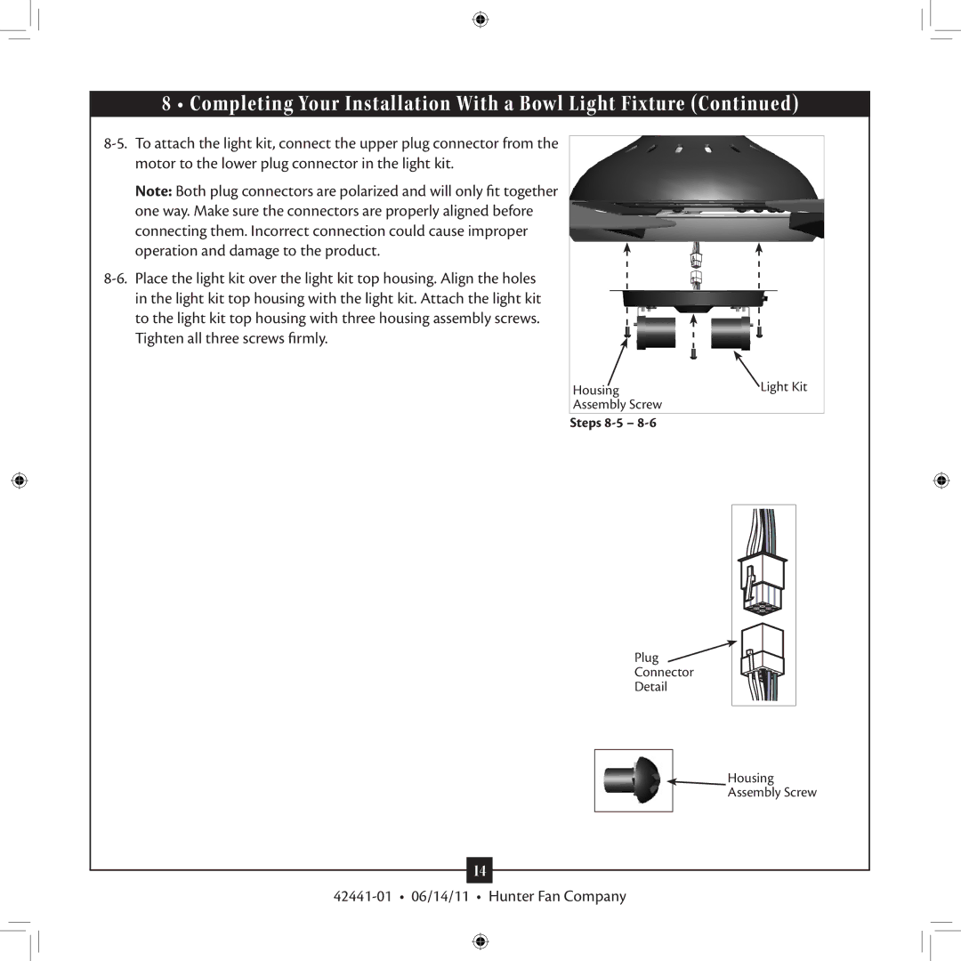 Hunter Fan 53062, 52022, 52023, 27186, 53105 installation manual Completing Your Installation With a Bowl Light Fixture 