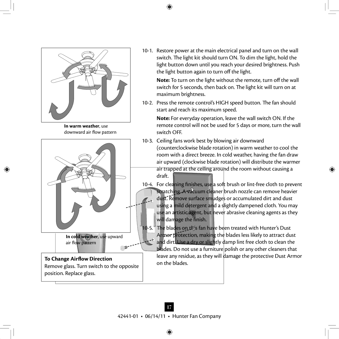 Hunter Fan 27186, 52022, 52023, 53105, 53062 Operating and Cleaning Your Ceiling Fan, To Change Airflow Direction 