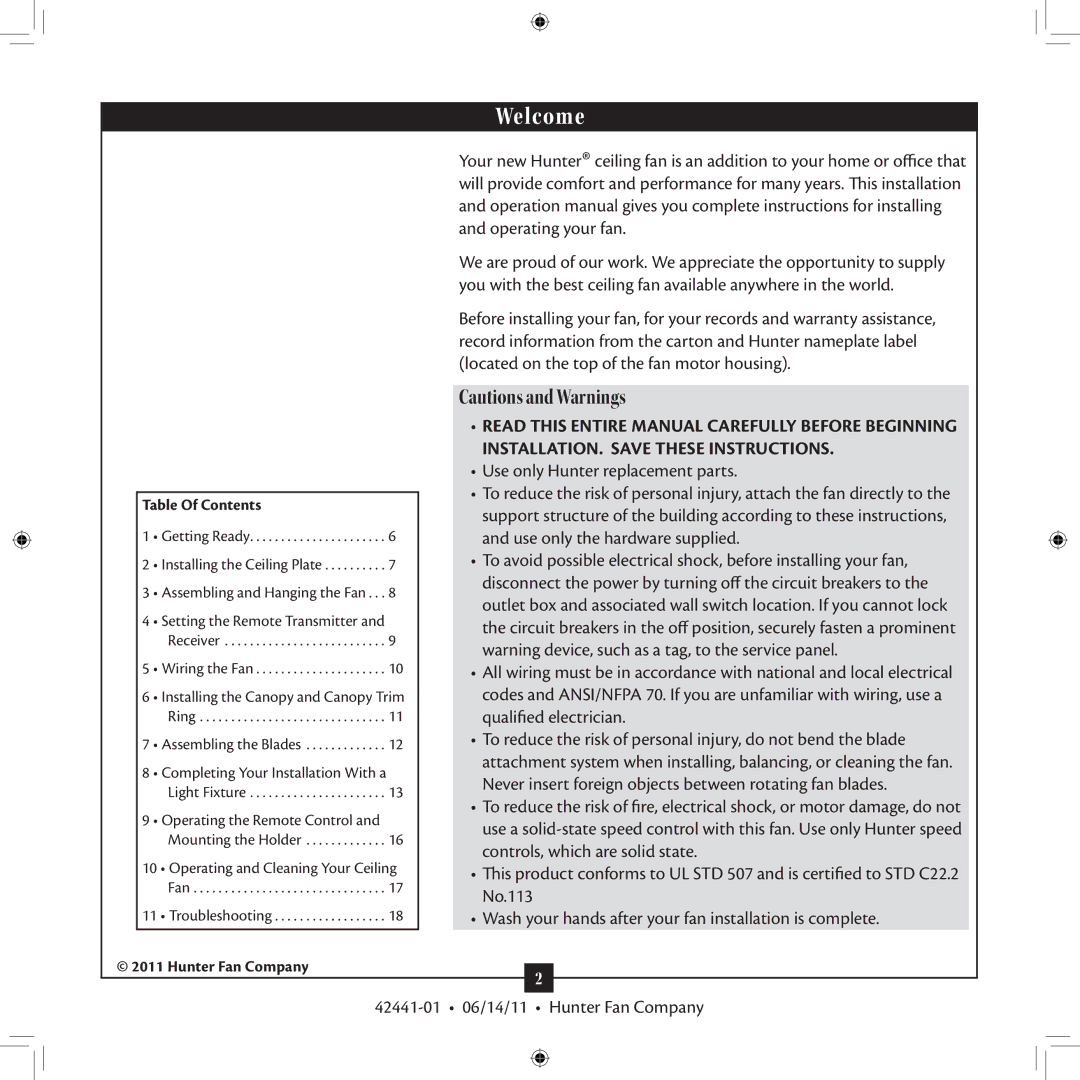 Hunter Fan 27186, 52022, 52023, 53105, 53062 installation manual Welcome 