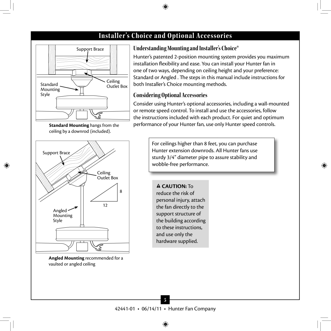 Hunter Fan 52022, 52023, 27186, 53105, 53062 Understanding Mounting and Installer’s Choice, Considering Optional Accessories 