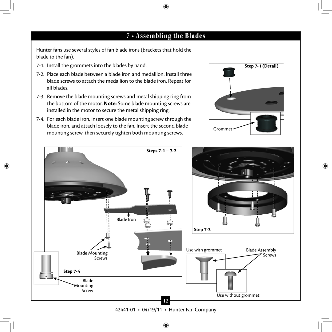 Hunter Fan 27186, 52022, 52023, 53105, 53062 installation manual Assembling the Blades 