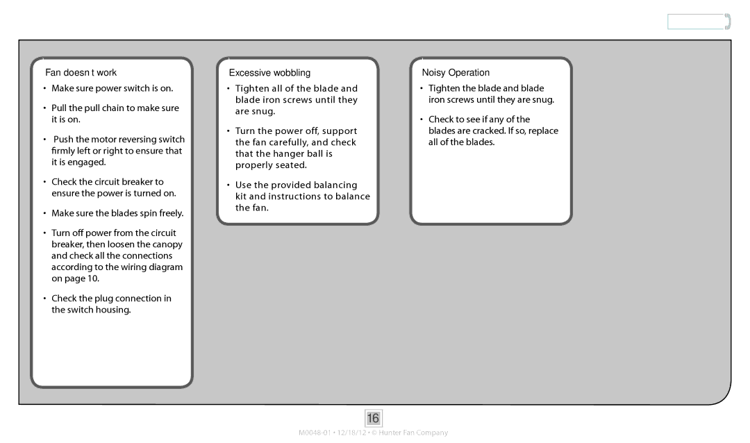 Hunter Fan 53104, 52067, 52066, 52065, 53102, 53103 operation manual Troubleshooting, Fan doesn’t work 