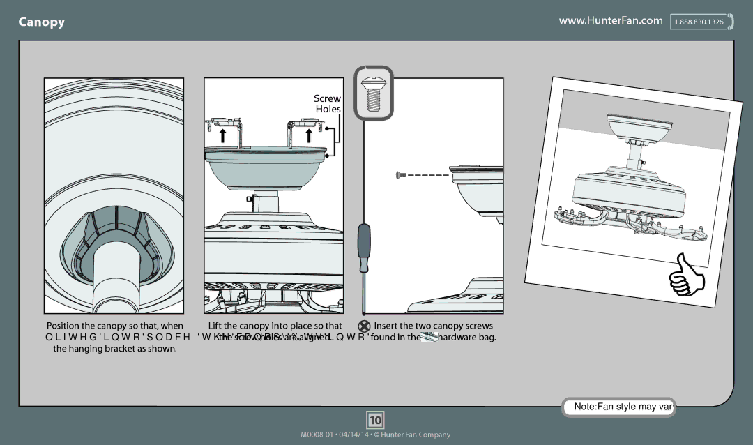 Hunter Fan 52090, 52087, 52086, 52085, 52089, 52081, 52082, 52080 operation manual Canopy, Holes 