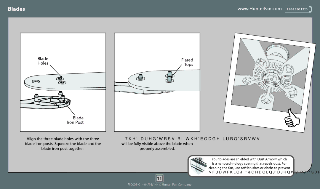 Hunter Fan 52085, 52087, 52086, 52090, 52089, 52081, 52082, 52080 operation manual Blades, Blade Holes Iron Post, Flared Tops 