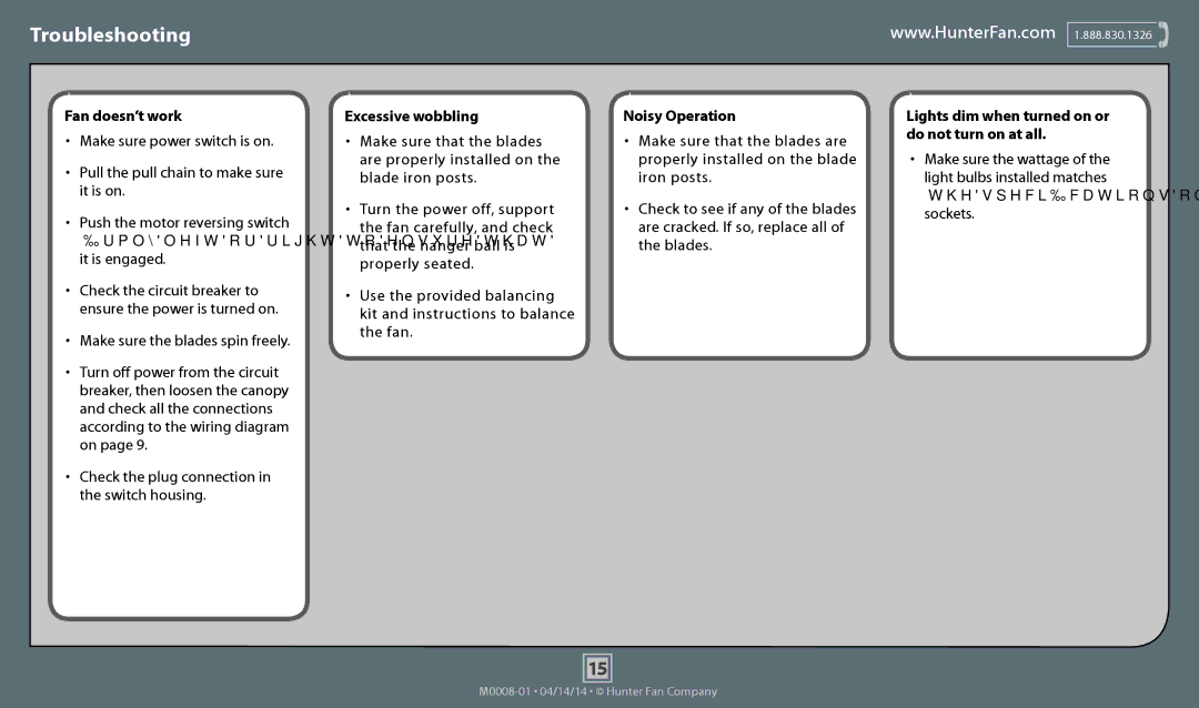 Hunter Fan 52080, 52087, 52086, 52090, 52085, 52089, 52081, 52082 operation manual Troubleshooting, Fan doesn’t work 