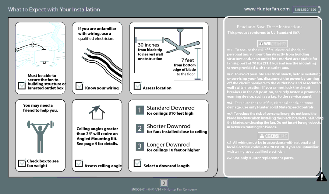 Hunter Fan 52090, 52087, 52086, 52085, 52089, 52081, 52082, 52080 operation manual What to Expect with Your Installation 