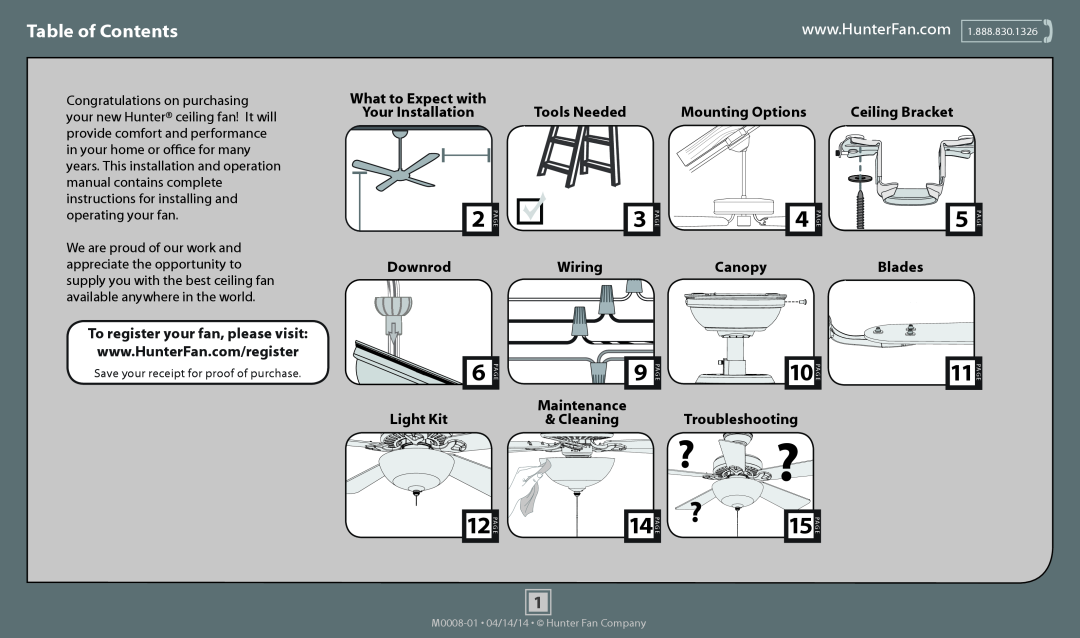Hunter Fan 52086 operation manual Table of Contents, Canopy, Light Kit, Troubleshooting, Ladder3, Maintenance, Cleaning 