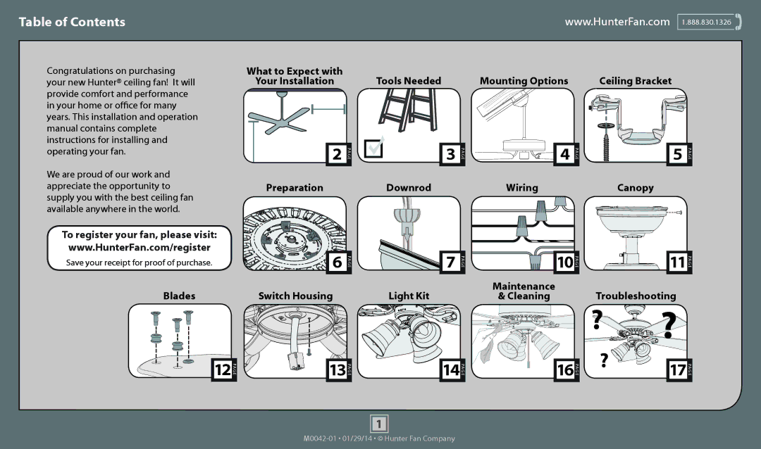 Hunter Fan 52105, 52107, 52106, 53237, 53236 operation manual Table of Contents 