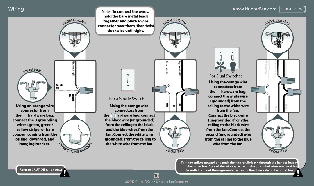 Hunter Fan 52107, 52105, 52106, 53237, 53236 operation manual Wiring, For a Single Switch, For Dual Switches 