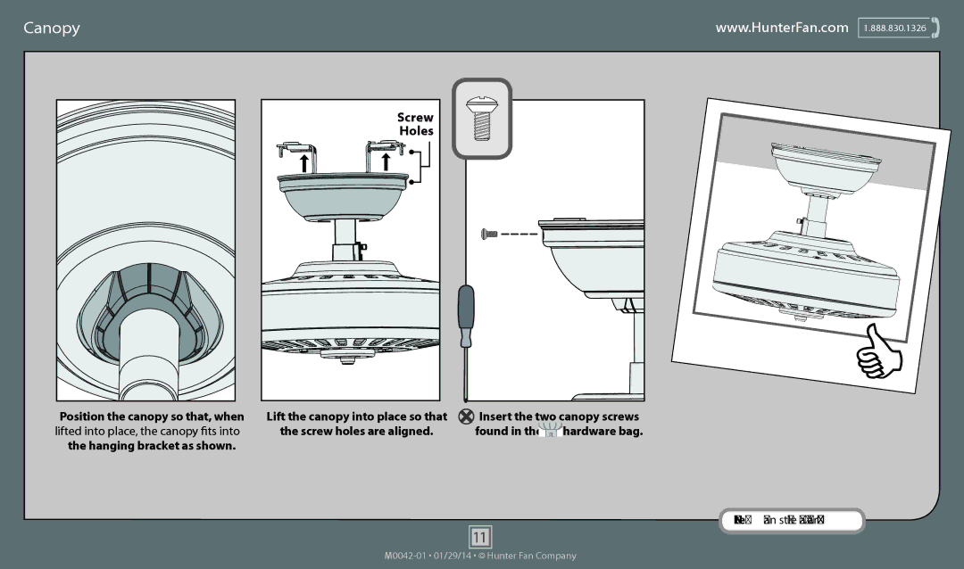 Hunter Fan 52105, 52107, 52106, 53237, 53236 operation manual Canopy, Holes 