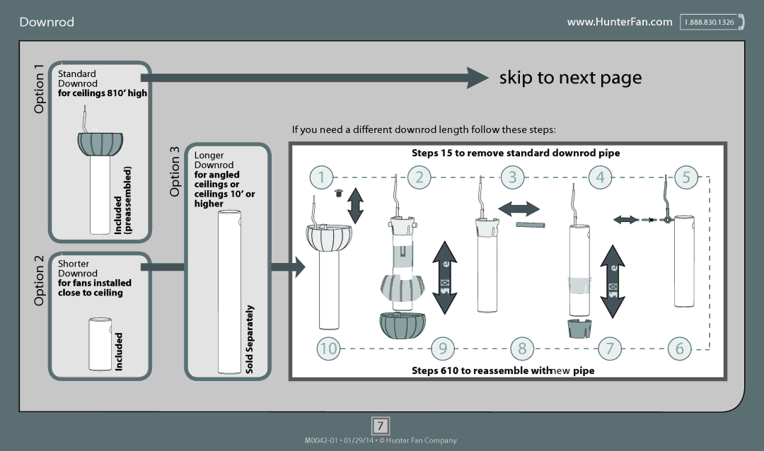 Hunter Fan 52106, 52107, 52105, 53237, 53236 operation manual Standard Downrod, Longer, Shorter 