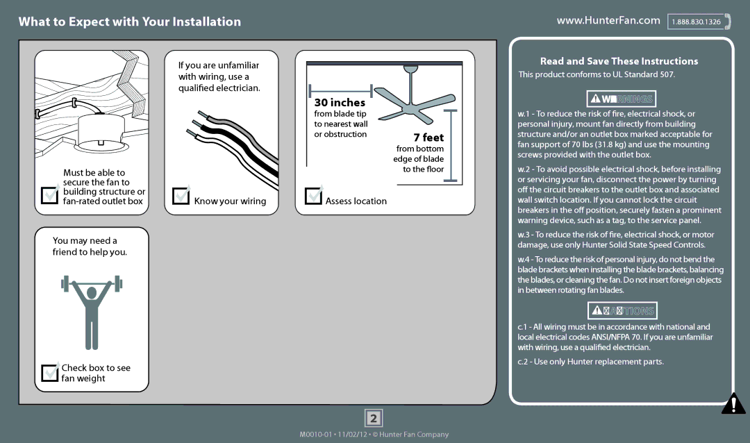 Hunter Fan 53012, 53011, 53047, 53029 What to Expect with Your Installation, Assess location, Check box to see fan weight 