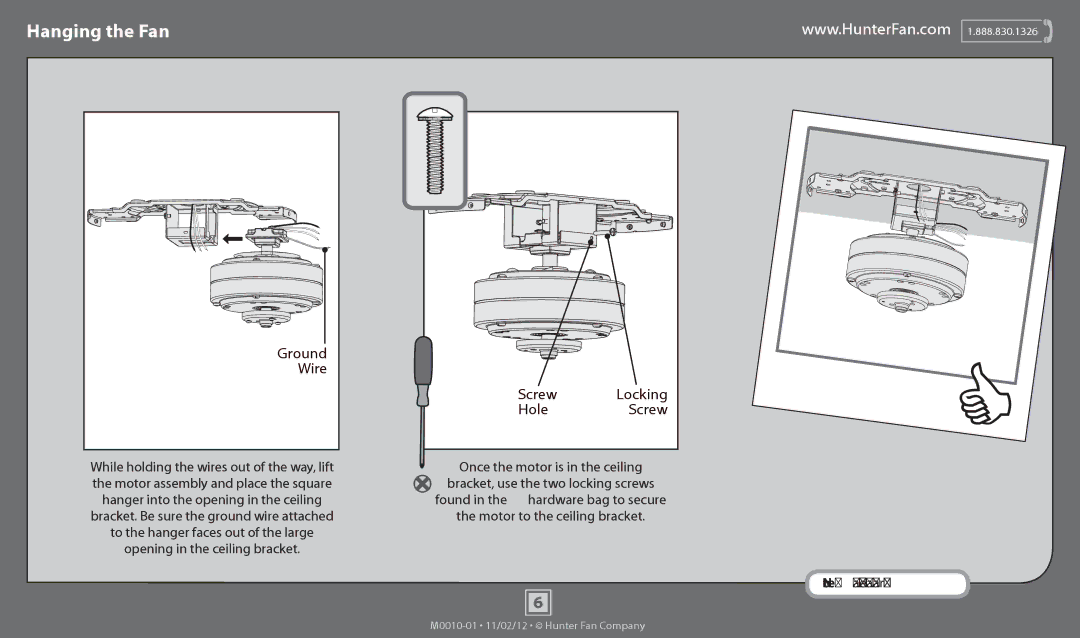 Hunter Fan 53053, 53011, 53047, 53012, 53029, 53048, 53052, 53054, 53051, 53055 Hanging the Fan, Ground, Wire, Screw Locking Hole 