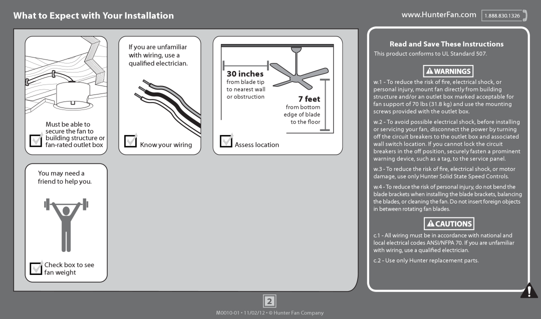 Hunter Fan 53012 What to Expect with Your Installation, inches, feet, Read and Save These Instructions, Cautions, Warnings 