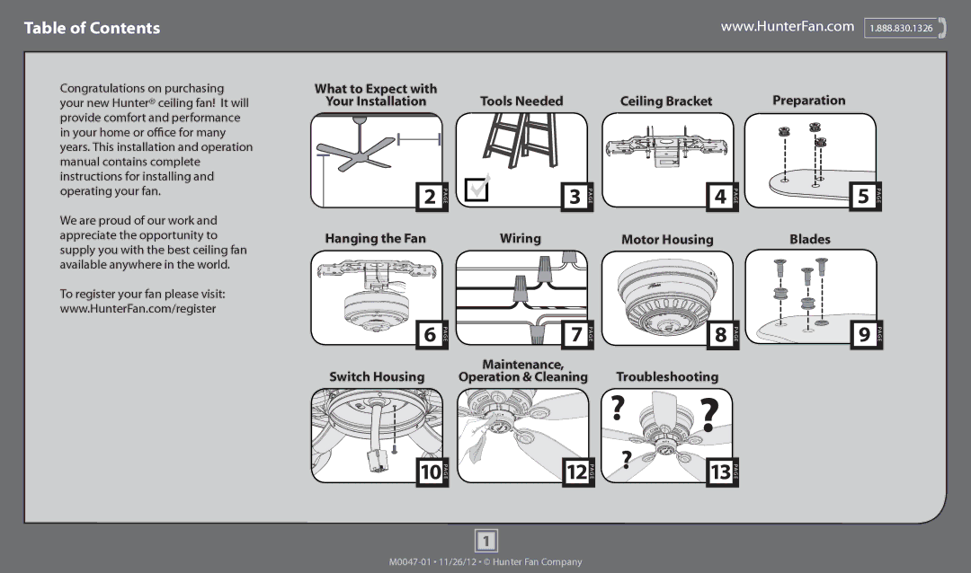 Hunter Fan 53074, 53078, 53085, 53086, 53079, 53080, 53081, 53082, 53075, 53071 operation manual ? ?, Table of Contents 