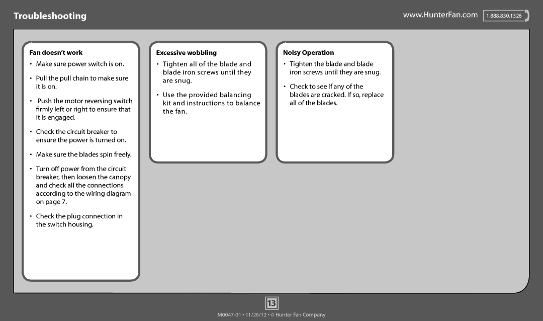 Hunter Fan 53086, 53078, 53074, 53085, 53079, 53080, 53081, 53082, 53075, 53071 operation manual Troubleshooting, Fan doesn’t work 