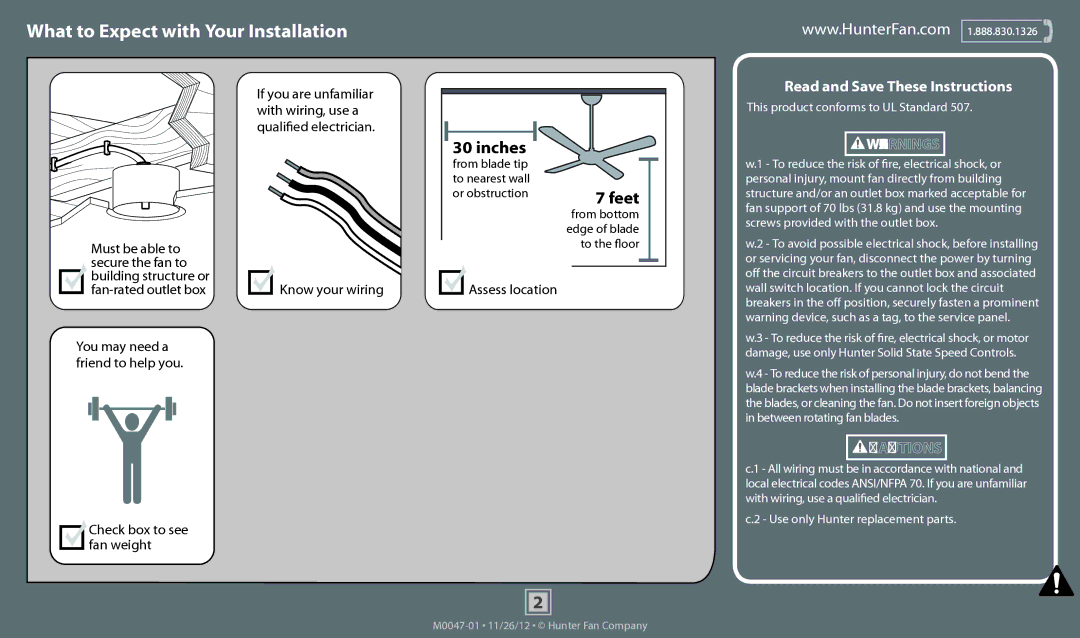 Hunter Fan 53085, 53078, 53074, 53086 What to Expect with Your Installation, Assess location, Check box to see fan weight 