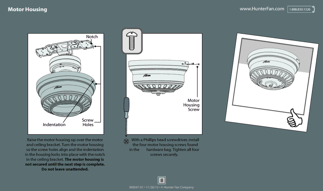 Hunter Fan 53075, 53078, 53074, 53085, 53086, 53079, 53080, 53081, 53082, 53071 operation manual Motor Housing 