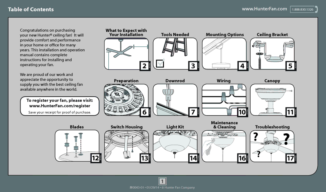 Hunter Fan 53061, 53089, 53060, 53059, 53058 operation manual ? ?, Table of Contents 