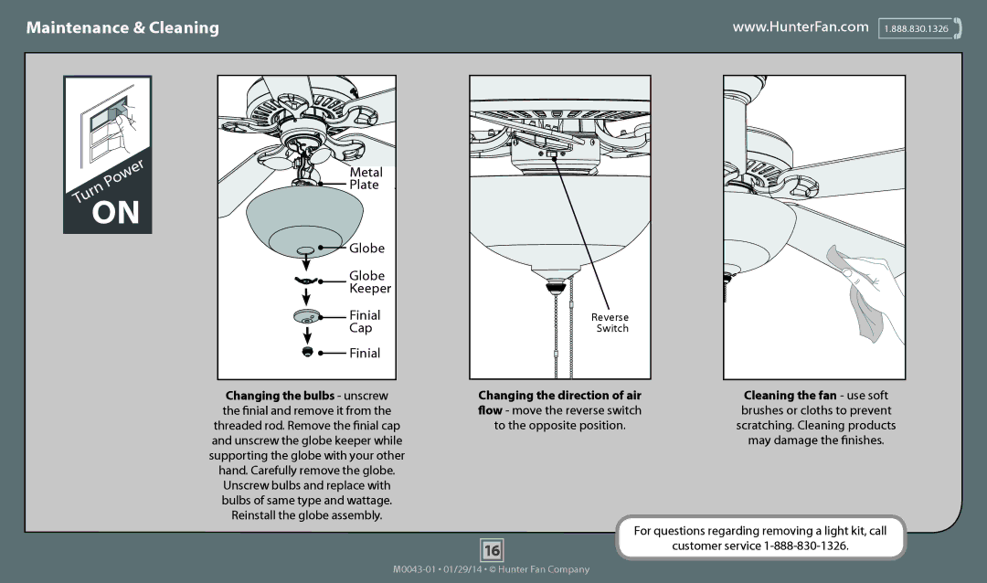 Hunter Fan 53061, 53089, 53060, 53059, 53058 operation manual Maintenance & Cleaning, Customer service 