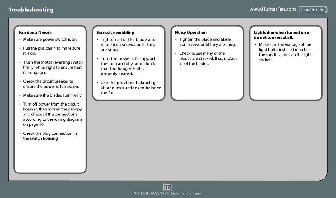 Hunter Fan 53060, 53089, 53061, 53059, 53058 operation manual Troubleshooting, Fan doesn’t work 