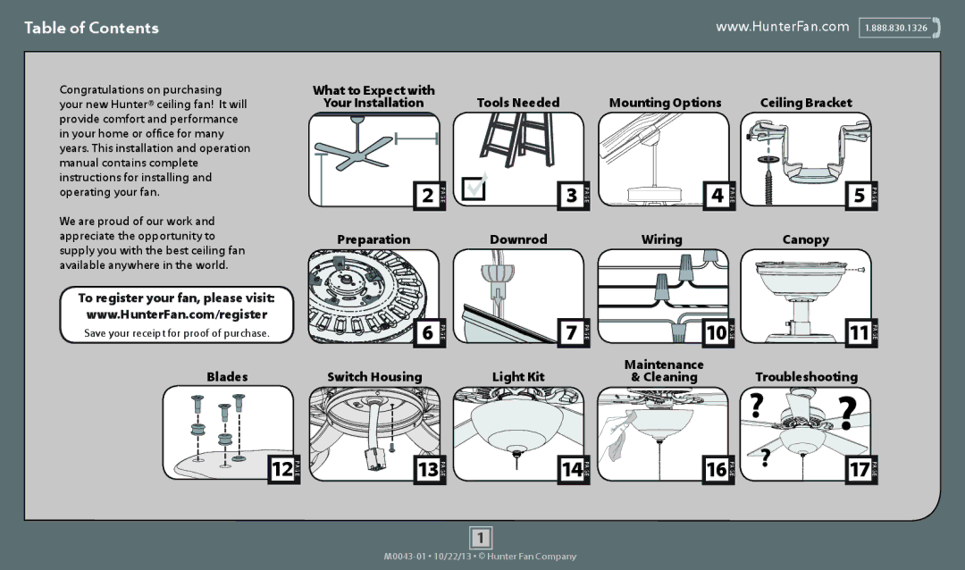 Hunter Fan 53090, 53095, 53094, 53091 operation manual ? ?, Table of Contents 