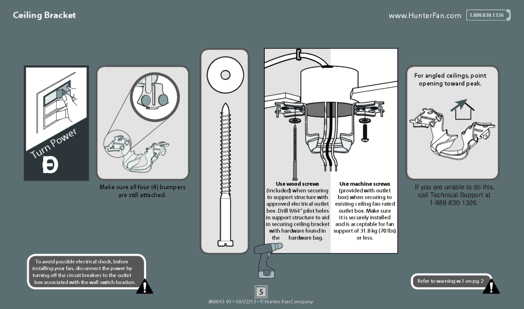 Hunter Fan 53090, 53095, 53094, 53091 operation manual Ceiling Bracket, Make sure all four 4 bumpers Are still attached 