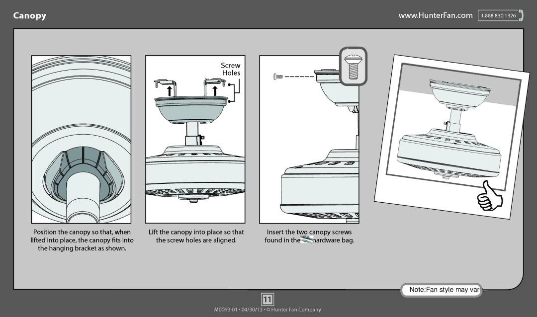 Hunter Fan 53117, 53114, 53116, 53115 operation manual Canopy, Holes 