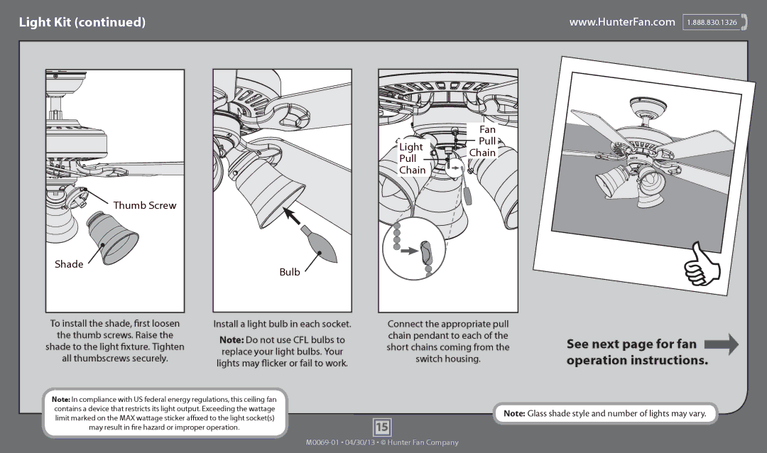 Hunter Fan 53117, 53114, 53116, 53115 operation manual Shade, Install a light bulb in each socket 