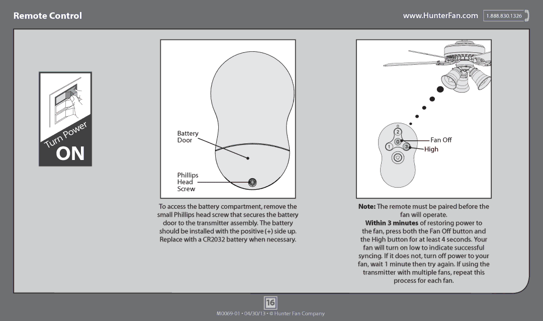 Hunter Fan 53114, 53116, 53115, 53117 operation manual Remote Control, Battery Door Phillips Head Screw 